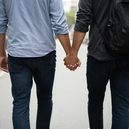 two men walking holding hands