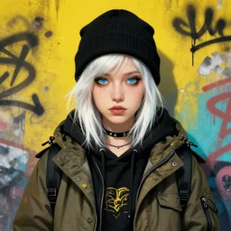 highly detailed portrait of a street punk lady student, blue eyes, parka hoodie, hat, white hair by atey ghailan, by greg rutkowski, by greg tocchini, by james gilleard, by joe fenton, by kaethe butcher, gradient yellow, black, brown and cyan blue color scheme, grunge aesthetic!!! ( ( graffiti tag wall background ) )