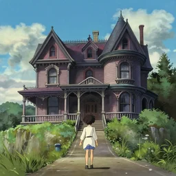 a low angle, from below, worms - eye - view of haunted victorian mansion on a cliffside, road leading up to the house, finely detailed features, perfect art, gapmoe yandere, trending on pixiv fanbox, painted by makoto shinkai takashi takeuchi studio ghibli, akihiko yoshida, craig mullins