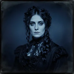 daguerreotype photo of an scary but stunning victorian woman, realistic, no blue, detailed, up light, atmospheric, moody, dynamic lighting, cinematic