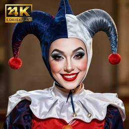 photo of a female jester assassin with a chelsea smile, highly detailed, 8 k, hdr, close up, smooth, sharp focus, high resolution, award - winning photo