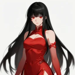 a highly detailed illustration of beautiful long hime cut black hair white woman wearing a red battle dress, red eyes, dramatic smile pose, intricate, elegant, highly detailed, centered, digital painting, artstation, concept art, smooth, sharp focus, league of legends concept art, WLOP