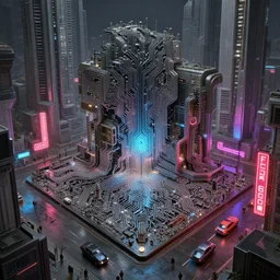 fractal circuit motherboard, brutalist buildings, metal, concrete, wet streets, neon lights, neon signs, vehicles, pedestrians, syd mead, ralph mcquarrie, doug chiang, concept art, matte painting, finely detailed, minimal artifacts, rule of thirds, dynamic lighting, cinematic, denoised, centered, artstation