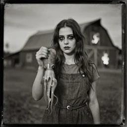 tintype photo of a creepy girl holding a squid with a burning barn in the background
