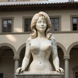 a marble statue of Dolly Parton in the Uffizi, soft sunlight dappling, classical architecture,  award-winning photo