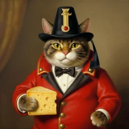 a cat dressed as Napoleon holding cheese by Fernando Botero