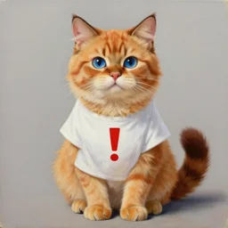 orange - furred anthropomorphic bobcat with a light - colored muzzle, stomach, and soles, brown - tufted ears, a short tail with a dark tip, clawed hands, and blue eyes wearing a white t - shirt with a red exclamation mark on it, trending on artstation, detailed, oil on canvas