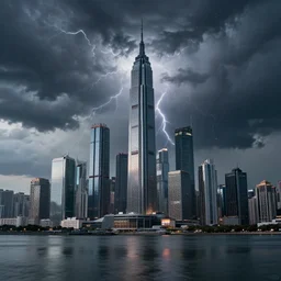 Wide shot of colossal futuristic megacity towering across the landscape, thunder storm reflected in water, Ralph McQuarrie, EOS-1D, f/16, ISO 200, 1/2000s, 8K