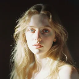 close up portrait of levitating klotho the goddess of fate, by trent parke, surreal, overexposed, old film overlay artifacts, grain