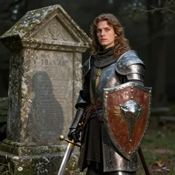 A lone knight in front of a stone tomb with a sturdy shield and shiny sword by bradley noah