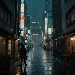 cozy dark street with in a cyberpunk city on a rainy melancholy osaka night in 1 9 9 6 by de chirico