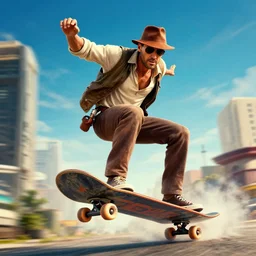Indiana Jones in back to the future on a flying skateboard