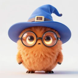 ultra-realistic ultra-detailed adorable fluffy bioluminiscent creature, orange fur, beautiful light big eyes, big round glasses, blue witch hat, tiny mouth, 😅 , clean white background, DOF, soft lighting, octane rendering, unreal engine render, ultra detailed cinematic