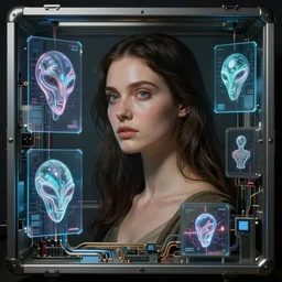 beauty woman in holograms of alien artifacts, electrical case display, total recall tech, , ultrarealistic, dramatic lighting, electrical details, high details, 4k, 8k, best, accurate, trending on artstation, artstation, photorealism, ultrarealistic, digital painting, style of Tristan Eaton Stanley Artgerm and Tom Bagshaw, Caravaggio,