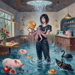 tall female emo artist holding an octopus in a flooded cafe, bagels, pigs, water gushing from ceiling, painting of flood waters inside a cafe, a river flooding indoors, pomegranates, pigs, ikebana, water, octopus, river, rapids, waterfall, black swans, zen, canoe, berries, acrylic on canvas, surrealist, by magritte and monet