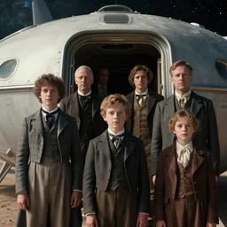 sharp,  still from a sci fi blockbuster movie made in 2022, set in 1860, of a family leaving a spaceship, that has just landed on an alien planet, wearing 1850s era clothes, good lighting, 4k, HD, in focus faces, detailed faces, oscar winner, high quality photography, 35mm macro lens