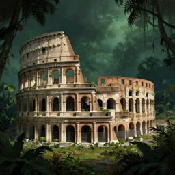 An epic matte painting of a partially overgrown coloseum in the jungle, dark, mysterious, by Greg Rutkowski and Raphael Lacoste, intricate, gorgeous, tropical, stunning, 4k resolution, featured on artstation, f16