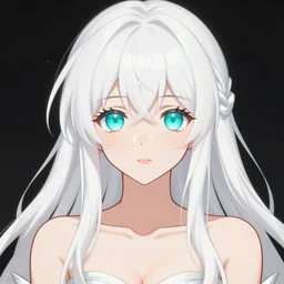visual novel character, stunningly beautiful asi goddess, porcelain skin, long white hair, symmetrical, overwhelming, innocent, ethereal, mesmerizing cyan eyes, 2 d anime style, 8 k