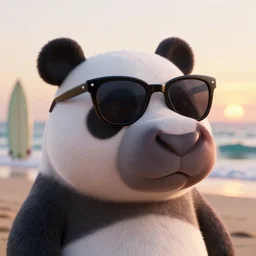 a closeup photorealistic photograph of a cute stylish panda themed hippo wearing cat-eye sunglasses at the beach during sunset. Surf in the background. This 4K HD image is Trending on Artstation, featured on Behance, well-rendered, extra crisp, features intricate detail and the style of Unreal Engine.