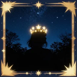 a glowing crown of stars, silhouette under a sky full of stars in a forest in england, sunburst, sense of longing, rule of thirds, clever design, decorative modern graphic design collage border, by hannah hoch and jesse treece and christian jackson and josh brill