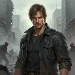 battle hardened, charismatic, rugged chris redfield, face centered portrait, confident, ruined cityscape, zombies, fog, rain, volumetric lighting, soft light particles floating near her, illustration, perfectly shaded, soft painting, art by krenz cushart and wenjun lin