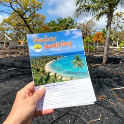 a picture of a tourist on a burnt island, holding a flyer for a holiday on the same island, yet with lots of vibrant nature, photorealistic
