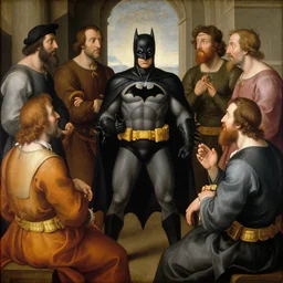 renaissance painting of people having a discussion with batman from the cartoon in the middle of a round table, one white orchid in the middle of the table, golden ratio, rule of third