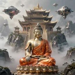 a single detailed robotic buddha with an orange robe, mystic atmosphere, a detailed metallic temple on a misty mountain, shiny reflections, high detailed robotic airships, volumetric fog, perspective painting, atmospheric shot, cinematic establishing shot, high detail digital painting, artstation, dystopian, unreal engine, maya