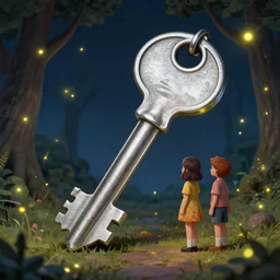 a very large silver key. fine detail. realistic. fireflies. girl and boy