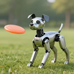 robot dog playing frisbee, cyborg android animal, dog, cyborg, metal dog