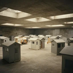 noisy photograph of tiny homes in massive underground area, office ceiling panels, retrofuturism, brutalism, minimalist, cinematic, soft vintage glow