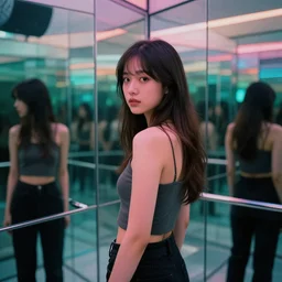 a girl standing in a room of mirrors looking back slightly, synth wave