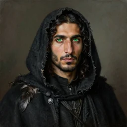 green eyes portrait painting of a middle eastern man with shoulder length hair wearing a tattered black cloak with feathers and a coat, sharp focus, award - winning, trending on artstation, masterpiece, highly detailed, intricate. art by rebecca guay