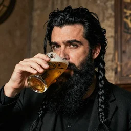 Jean Giraud style long black two braided beard thick eyebrows colin farrell with black hair drinking a pint of beer