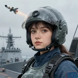 portrait of bluepunk airforce girl, helmet, on board of warship, missile at sky, fog, highly detailed, digital painting, face detail, sharp focus, art, illustrations by loish and ayanamikodon and irakli nadar and rossdraws and wlop