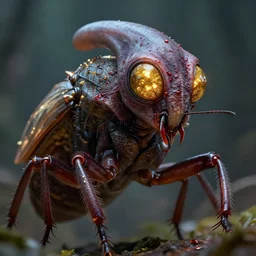a insect alien with a very detailed armour covered in blood eyes of gold sparkles cinematic high quality, sharp, unreal engine 5