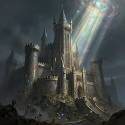 an intricate matte painting of An epic stronghold crusader screenshot , highly detailed iridescent dimly lit exterior with shafts of iridescent light bouncing off magical realms, by Christophe Vacher and Bastien Lecouffe-Deharme, trending on artstation