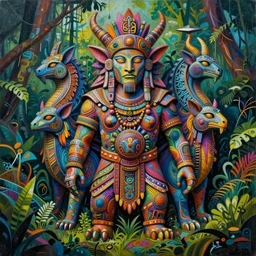 a sculpture of mythical creatures, made of colorful style graffiti, intricate line work, warrior face emerging from jungle, in the style of james jean, visionary artist, shamanic art, concept art, award winning acrylic painting, ambient occlusion, digital art,