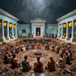 pov in a crowd of troubadour and musicians with toga in ancient neoclassical buildings, light blue troglodyte temples with yellow drapery in a deep flesh pit by piranesi, cinestill 8 0 0 t 3 5 mm, high quality, mud, rain, fog, by night, ultra wide lens, anamorphic, dramatic light