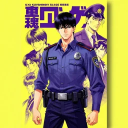 professionally drawn seinen mature cyberpunk police horror action manga comic cover, full color, beautifully drawn coherent professional, drawn by ilya kuvshinov, ilya kuvshinov, satoshi kon, kentaro miura, dave mckean, tsutomu nihei. japanese script kanji hiragana on the cover. minimalist stylized cover art. yellow purple cel shaded
