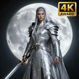 moon theme magic rogue warrior with silver robes, highly detailed, 4k, HDR, award-winning, cinematic, artstation