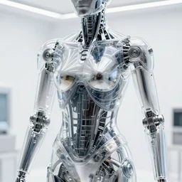 highly detailed chromium cybernetic endoskeleton in a white room : : transparent armor shell made of glass : : upper body closeup
