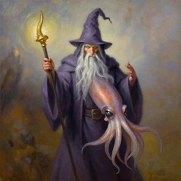 portrait of a squid wizard, painting by thomas kinkade