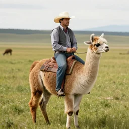 a cowboy riding a llama