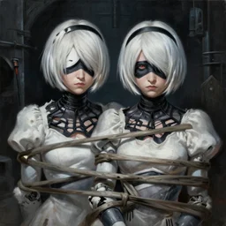 a painting of 2 b nier automata tied up in a dungeon, full view, popular on artstation, artstationhd, artstationhq 8 k, volumetric lighting, trending on artstation, artstationhd, artstationhq, ultra detailed, detailed face, by artgerm and james gurney, greg rutkowski