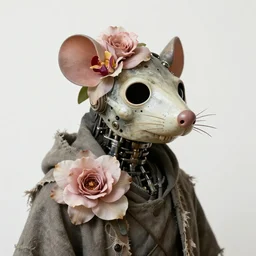 retro biomechanical rat in vintage death beath mask, tattered robe, giant orchid and rose flowers, pixiv fanbox, dramatic lighting, maximalist pastel color palette, splatter paint, pixar and disney concept, graphic novel by fiona and dustin nguyen, peter elson, alan bean, wangechi mutu, clean cel shaded vector art, on artstation