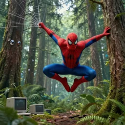 a high resolution highly detailed digital art of spiderman flying in air sticked to a web out of his hand to a tree in a green jungle with large pine trees, pine trees have cute cute eyes eyes, there are left old computers on the ground, trending on artstation, hyperrealistic, dslr photography