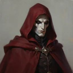 painting of a wicked cool faceless baron in a hooded dark red cloak, fantasy, artstation, cgsociety, ultra high detail, stylized, centered, close up shot
