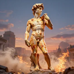 a beautiful hyperrealistic detailed 3D render of the statue of David made of pizza, by Anton Otto Fischer, Atey Ghailan, genzoman, unreal engine, octane render, gigantic, 3D, brilliantly coloured, intricate, ultra wide angle, trending on artstation, embers, smoke, dust, dusk, volumetric lighting, HDR, polished, micro details, ray tracing, 8k,