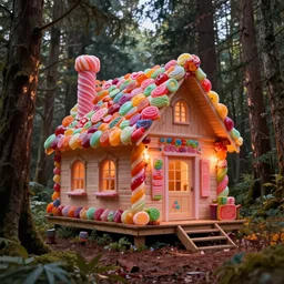 a cabin in the woods made completely out of candy, digital art, dynamic lighting, Lovecraft style